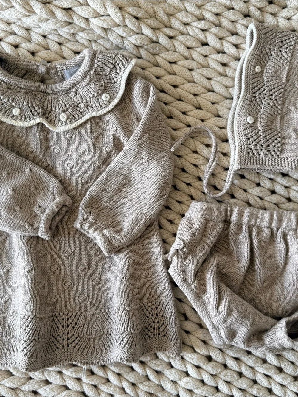 Tahari Neutral Knit Baby Sweater Dress Set in Taupe